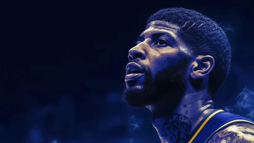 Intense basketball portrait glows against electric blue night