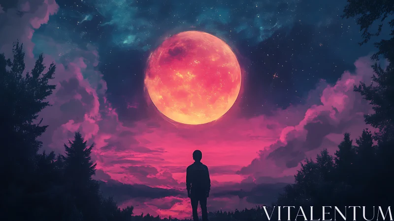 Dreamy pink moon welcomes a lone stargazer into the night