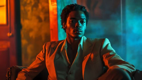 Moody portrait in teal orange cinematic lighting.