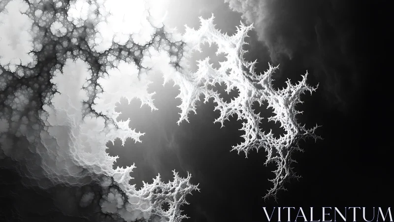 Fractal lightning structure in monochrome volumetric cloud field.