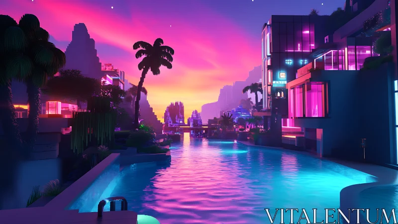 Neon waterfront cityscape glows under magenta cyber dusk sky