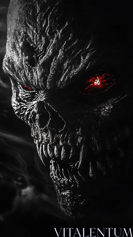 Demonic skull close-up with molten red eyes in darkness.