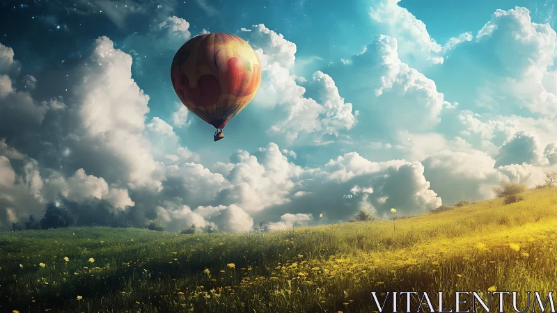Hot air balloon above grassy hillside under clouded sky.