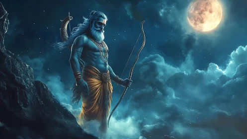 Moonlit warrior god poised above storm-swept clouds.