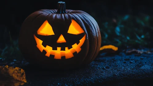 Low-key illuminated jack-o-lantern with carved gearlike grin.