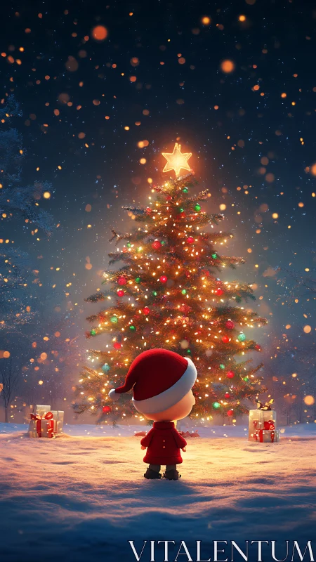 Child in red gazes up at glowing Christmas tree of lights.