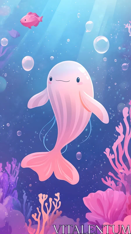 Cute pink whale drifts through colorful coral reef light