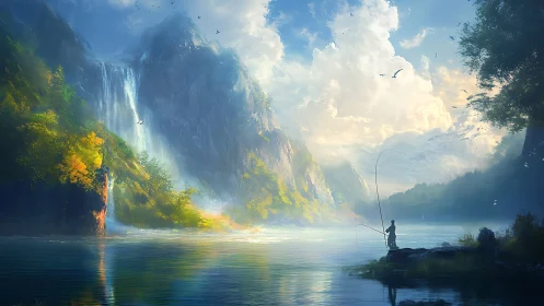 Lone angler stands beside misty lake under towering falls