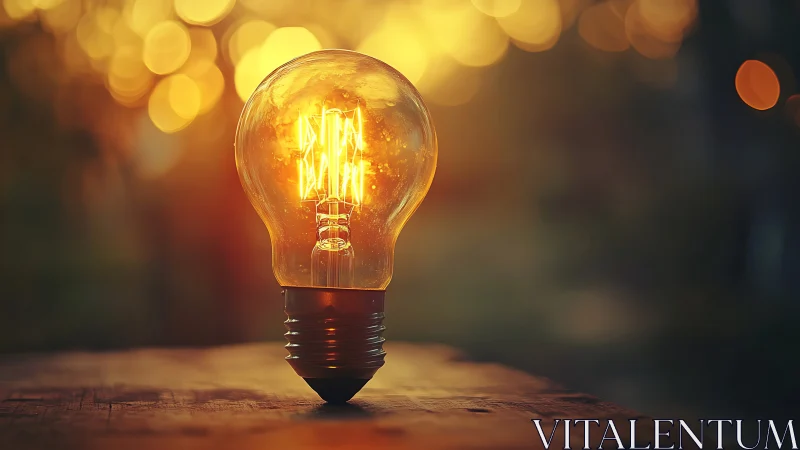 Incandescent light bulb on wooden surface at dusk.