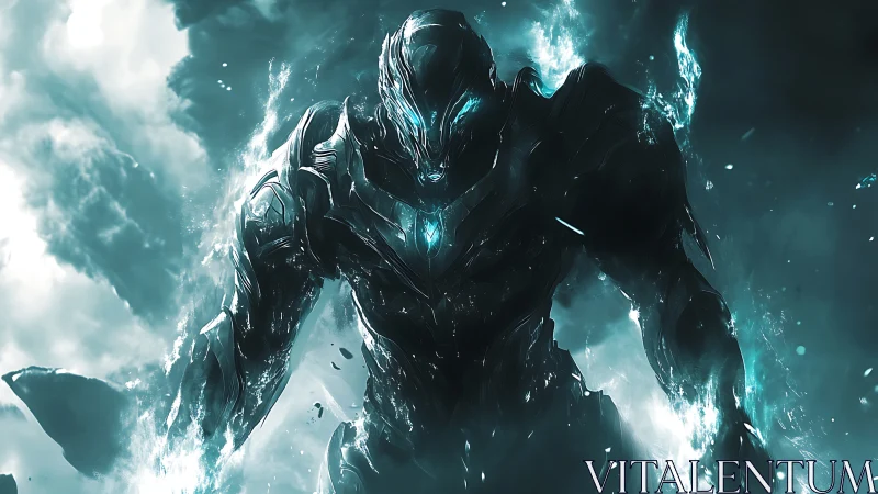 Armored cybernetic titan emerges in luminescent plasma storm