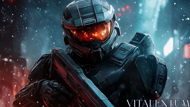 Armored dusk sentinel strides through neon stormfire rain.