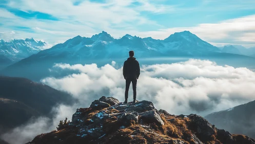 Lone hiker overlooks sunlit alpine peaks above clouds.