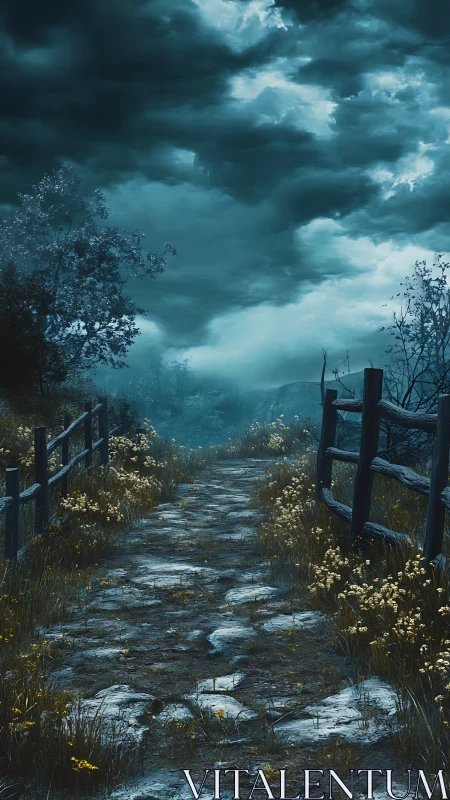 Moonlit stone path wandering into storm-tinted twilight.