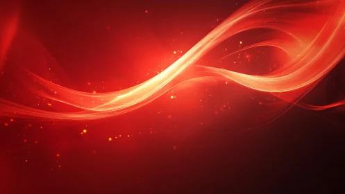 Abstract red light wave with glowing particles on dark background.