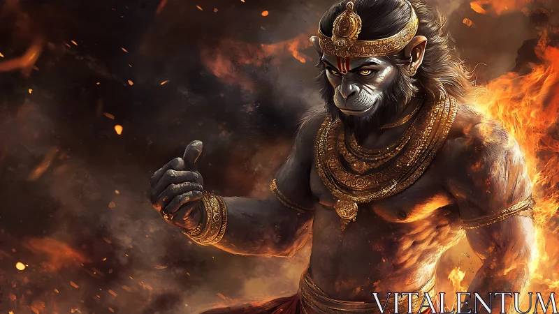 Mythic simian warrior amid volumetric fire dynamics.