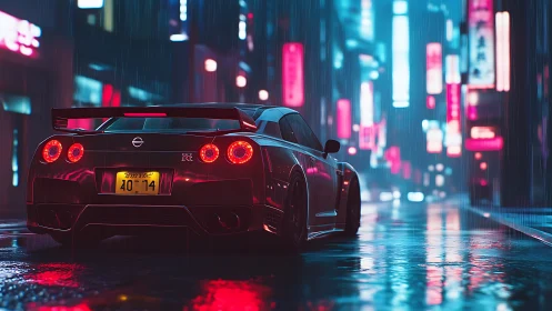 Rear-lit Nissan GT-R in neon-lit rain-soaked urban nightscape