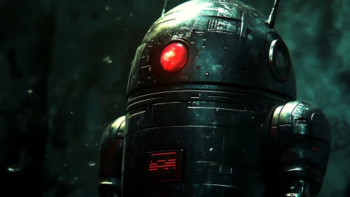 Crimson eyed astro droid pauses mid mission in neon gloom