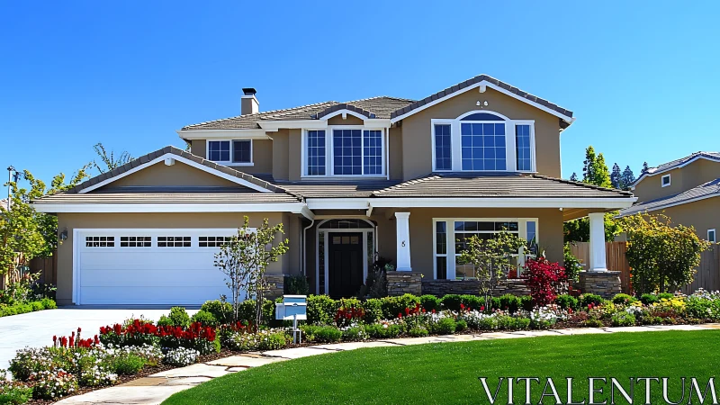Suburban two story house with garage and landscaped yard.