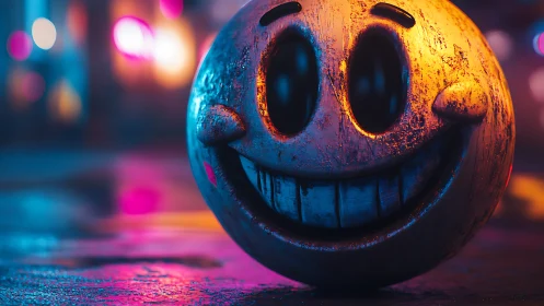 Weathered smiling sphere under neon bokeh in shallow focus