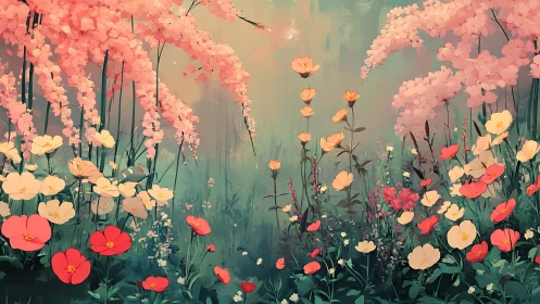 Digital Floral Composition: Layered Flower Field with Atmospheric Depth