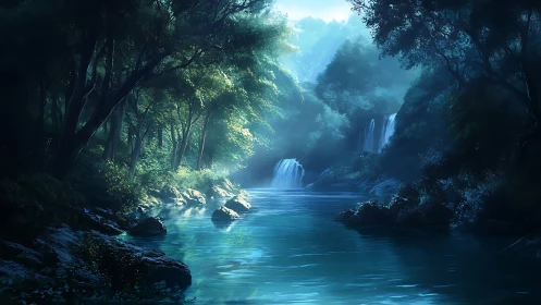 Luminous waterfall canyon surrounded by dense forest canopy.