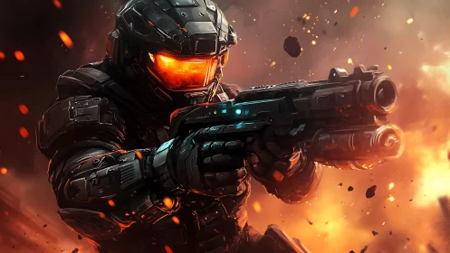 Armored space marine charging through explosive battlefield.