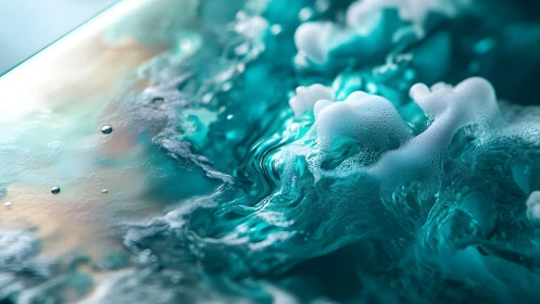 Abstract ocean wave close-up with vibrant teal and white foam.