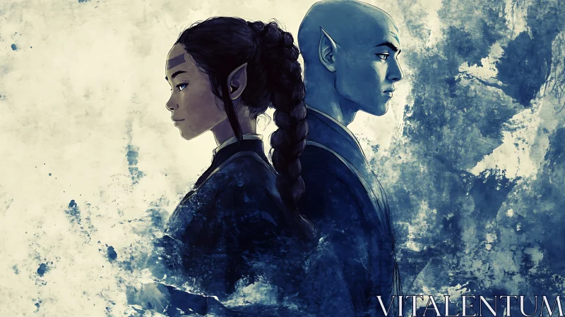 Dual elf portraits in cool monochrome watercolor profile study