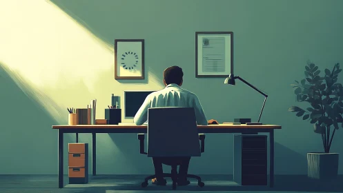 Person working at desk with computer in minimalist office environment