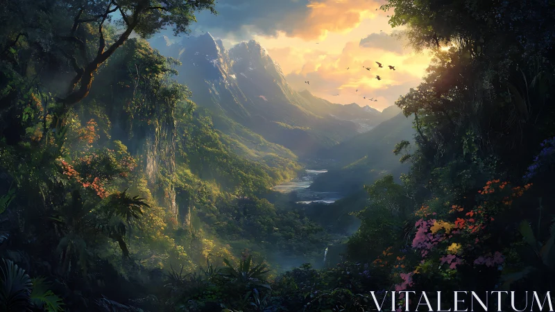 Luminous misty valley landscape with lush tropical mountains.