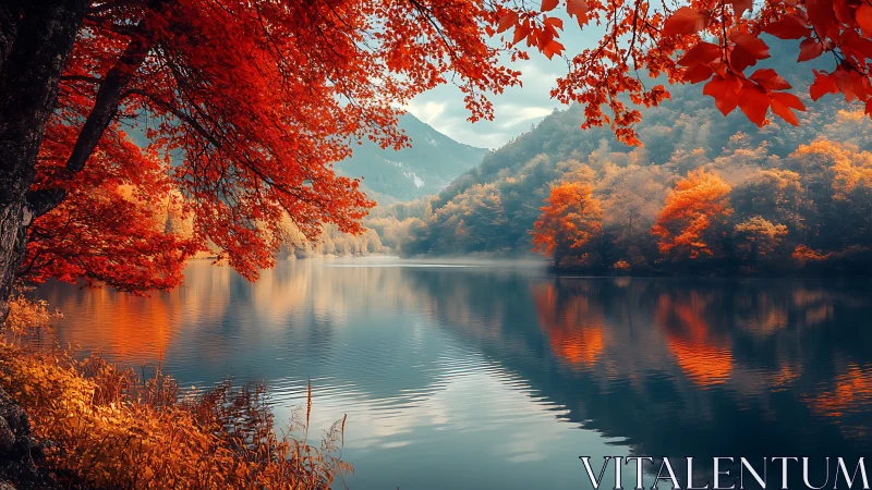Autumn foliage reflected in still mountain lake surface.