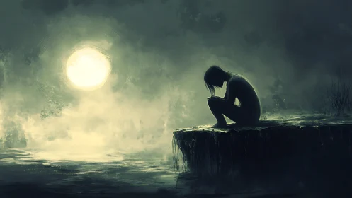 Silhouetted figure crouches on cliff edge under diffuse lunar backlight