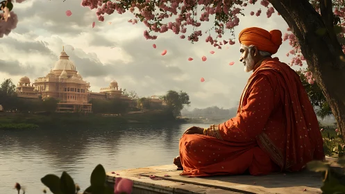 Meditating monk overlooks riverside temple at sunrise.