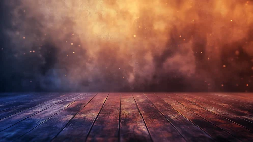 Empty wooden stage meets glowing orange misty backdrop