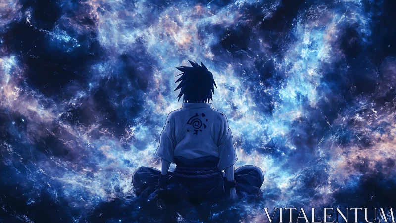 Solitary anime swordsman meditating in turbulent cosmic nebula.