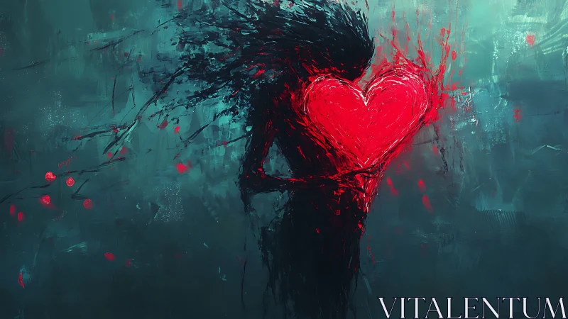 Silhouetted figure radiates luminescent crimson heart in teal atmosphere.