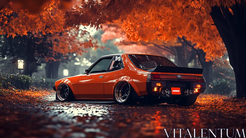 Autumn street racer glows beneath a tunnel of ember leaves.