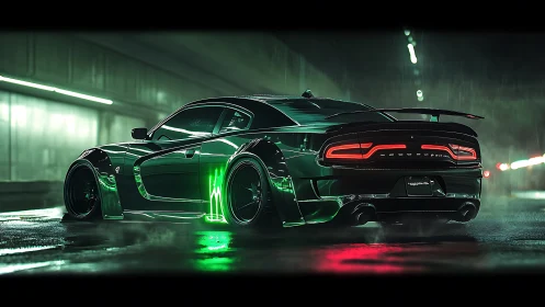 Modified black sports car in wet neon-lit urban tunnel.