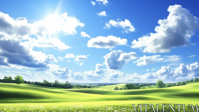 Photorealistic rolling meadow under high summer sky illumination.
