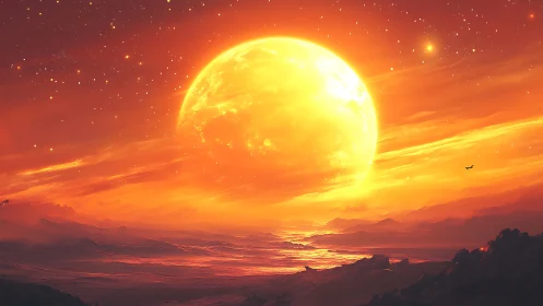 Molten sunset star crowns a dreamlike alien horizon