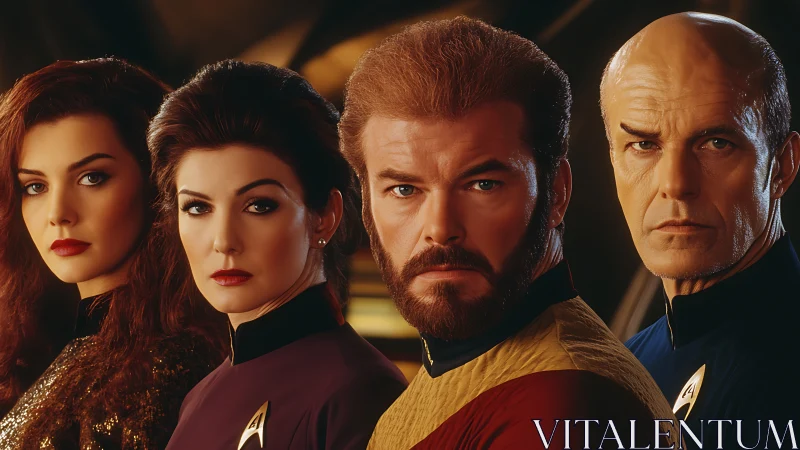 Confident starship crew sharing a bold, united gaze.