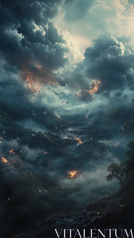 Apocalyptic valley landscape with massive storm clouds and fire