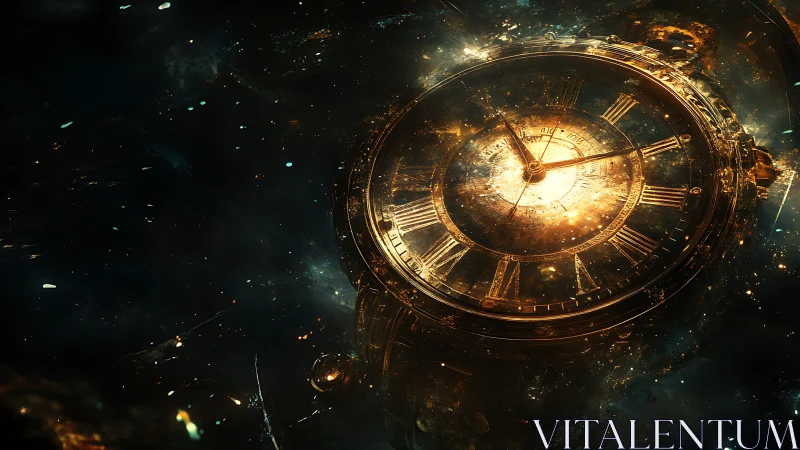 Celestial chronometer suspended in luminous stellar void.