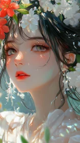 Floral portrait of serene girl in soft sunlight glow.