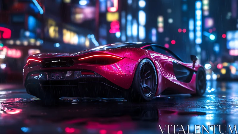 Neon rainstorms crown a crimson supercar in midnight bloom
