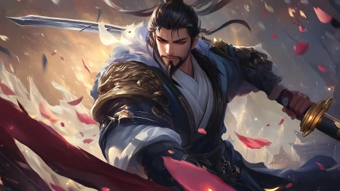 Swordmaster charges through petals under stormlit sky.