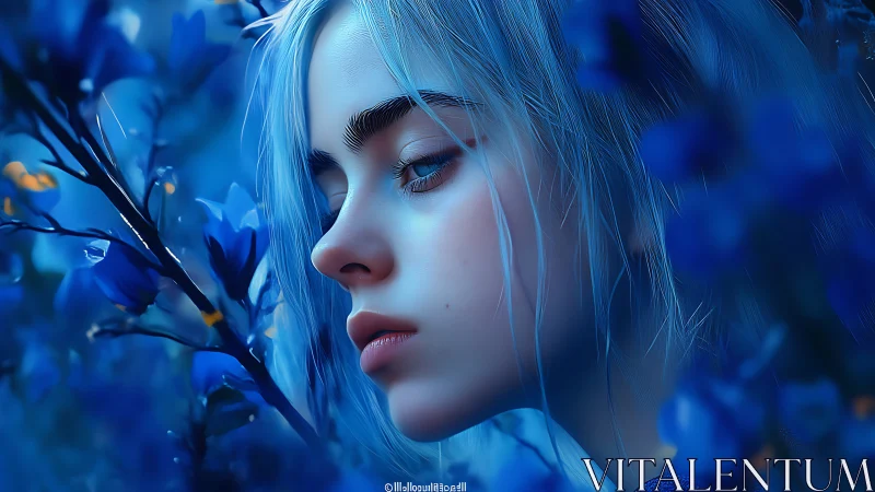 Dreamy blue-haired girl rests quietly among soft flowers