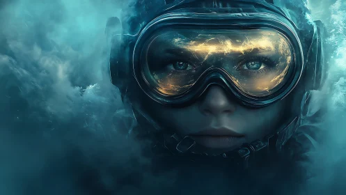 Subaquatic pilot portrait with luminescent visor reflections.