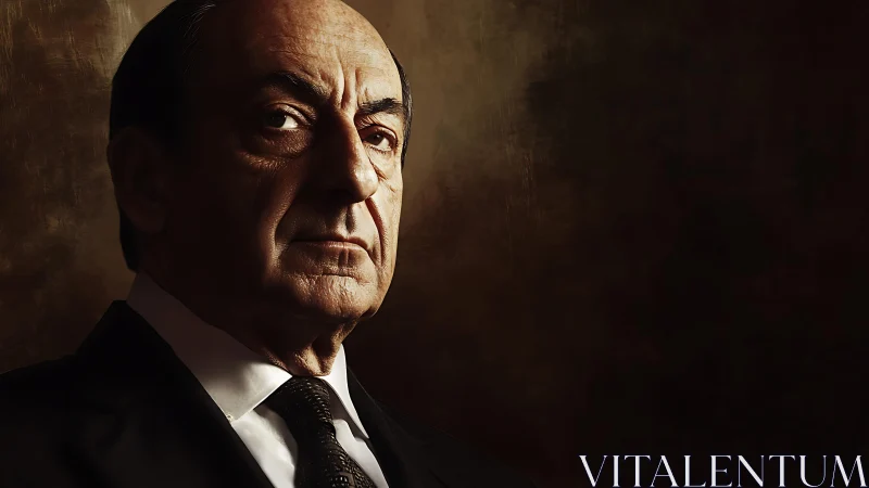 Brooding patriarch in chiaroscuro suit stares down time.