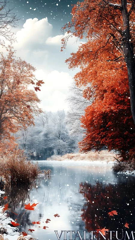 Mixed-season river landscape records snow and autumn foliage